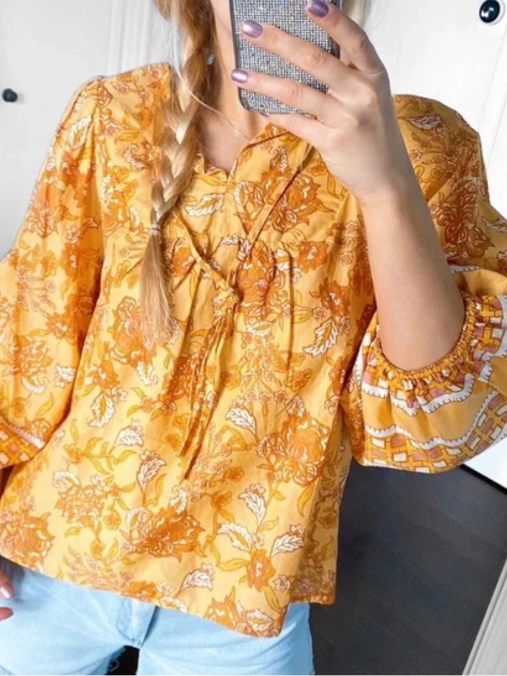 C&C California Mustard Floral Tie-Front Tunic size large